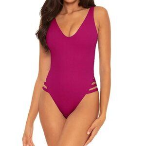 Becca - Ribbed One Piece Swimsuit V Neck Ladder Cutout Backless Sexy Magenta